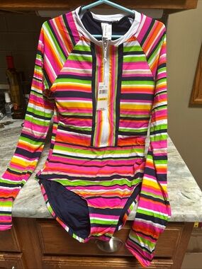Trina Turk Striped Paddle Suit Rash Guard Medium Swimsuit MSRP: $182.00
